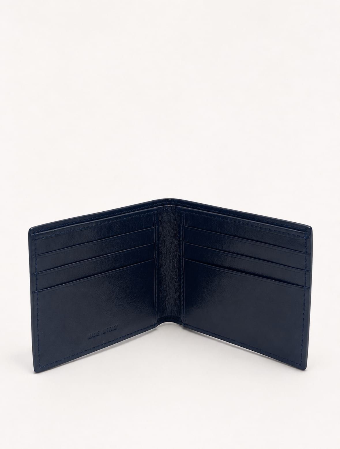 Portafoglio Sottile in pelle blu, aperto, con le tasche per le carte e lo scomparto per documenti e banconote